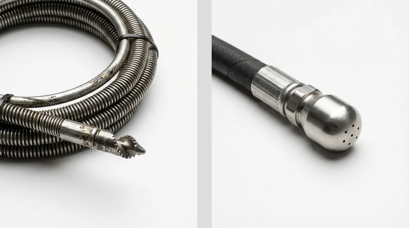 Drain snake cable and hydro jetting nozzle used for drain cleaning in Essex, MA