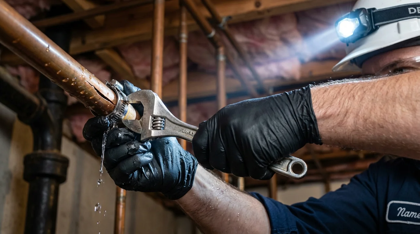 Emergency pipe clamp repair being performed by a Johns Plumbing LLC plumber in Essex
