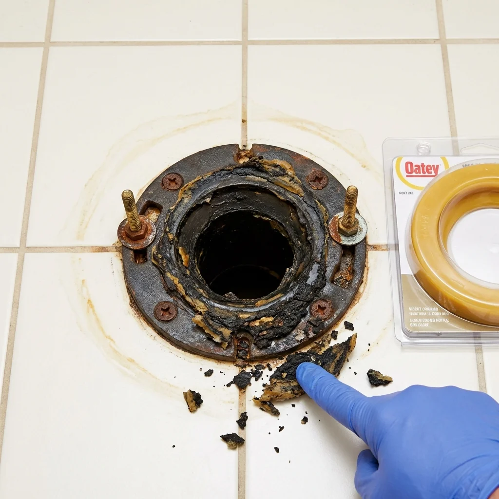 Failed wax ring showing water seepage at the base of a toilet in a Essex, MA home