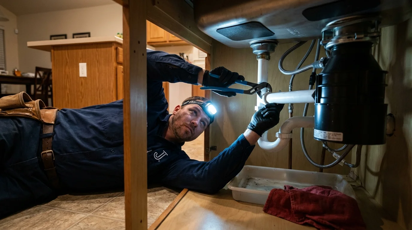 P-trap and supply line connections under a kitchen sink showing a common leak point in Essex, MA